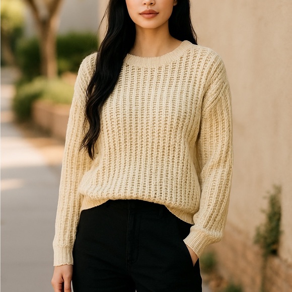 Chic Cream Open Knit Chain Link Boho Simplistic Crew Neck Sweater Sz 0 XS S - Picture 1 of 8
